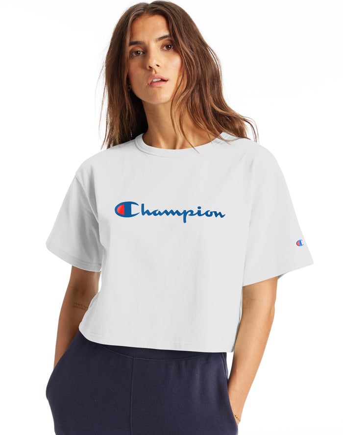 Champion Heritage Cropped Script Logo - Naisten Valkoinen T-Paita - Suomi 0538791-PT